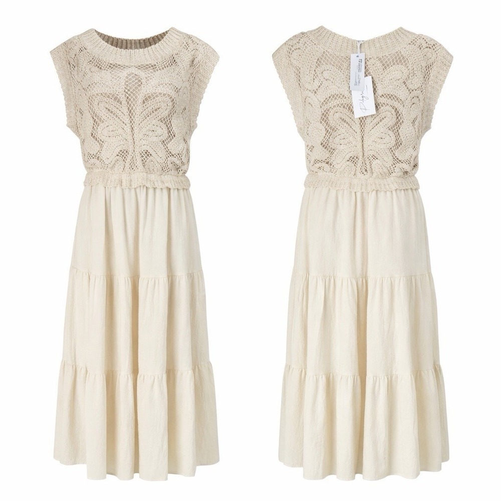 Polygram NWT Tea Length Crochet Cream Dress Sz L Tiered Skirt Cottagecore Resort